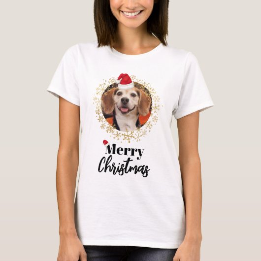 Funny Pet Foto Rote Weihnachtsmannmütze Schneefloc T-Shirt (Vorderseite)