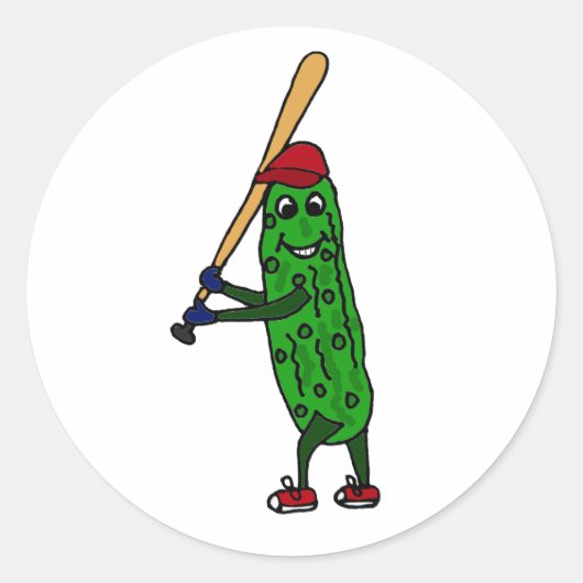 Funny Pickle Playing Baseball Cartoon Runder Aufkleber (Vorderseite)
