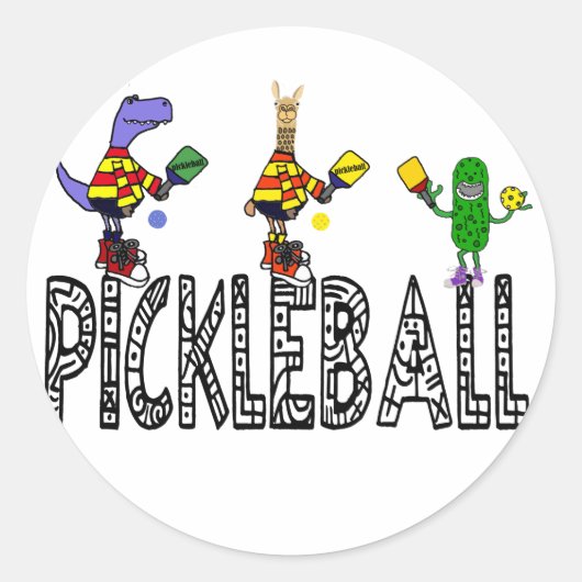 Funny Pickleball Players Animals Cartoon Runder Aufkleber (Vorderseite)