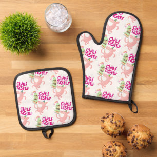Funny Pig Chief Taster Giga Layer Cake Cartoon Ofenhandschuh & Topflappen-Set