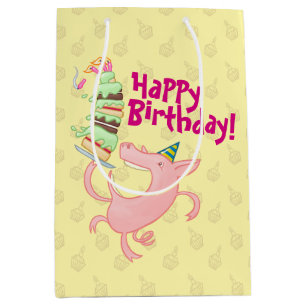 Funny Pig Happy Geburtstag! Riesenkuchen-Cartoon Mittlere Geschenktüte