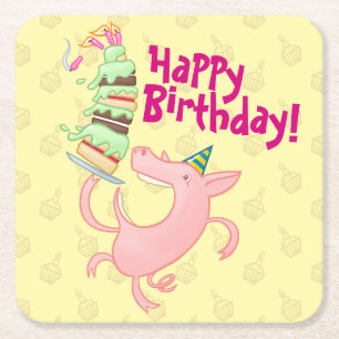 Funny Pig Happy Geburtstag! Riesenkuchen-Cartoon Rechteckiger Pappuntersetzer