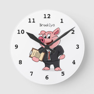 Funny pig in business suit cartoon  runde wanduhr