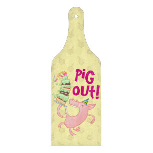 Funny Pig isst Geburtstagskuchen Ausgehen! Cartoon Schneidebrett