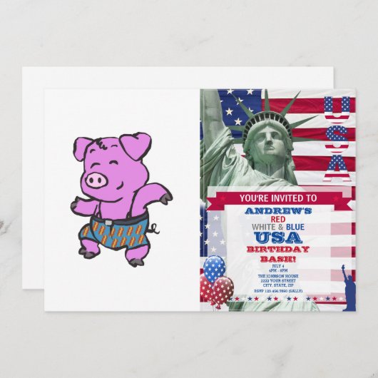 Funny Pig tanzen Cartoon| Hintergrundfarbe auswähl Einladung (Vorne/Hinten)