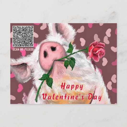 Funny Pig Valentine's Day Card mit QR Code Postkarte (Vorderseite)
