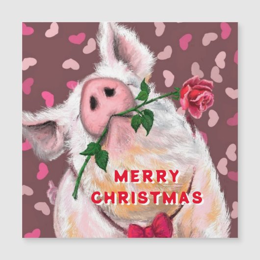Funny Pig Weihnachtskarte Gentleman mit Rose Magnetkarte (Vorderseite)