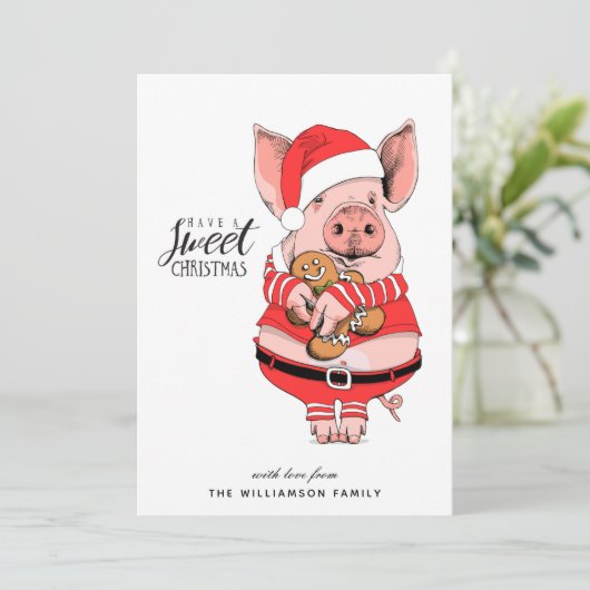 Funny Piggy Sweet Christmas Card Feiertagskarte (Stehend Vorderseite)