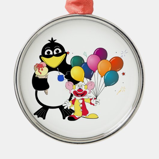 Funny Pinguin & Clown Cartoon Ornament Aus Metall (Vorne)