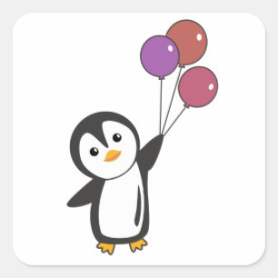 Funny Pinguin fliegt mit Balloons auf Quadratischer Aufkleber