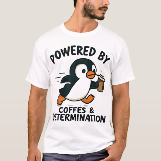 Funny Pinguin läuft mit Kaffee Cup T-Shirt (Vorderseite)