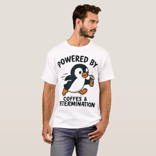 Funny Pinguin läuft mit Kaffee Cup T-Shirt (Vorne ganz)