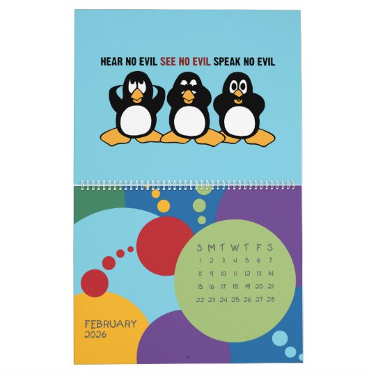 Funny Pinguins Cartoon Fun Farben Grosser Kalender (Feb 2026)