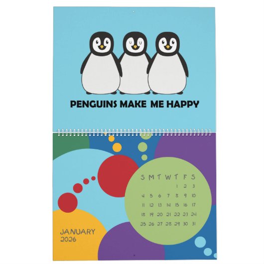 Funny Pinguins Cartoon Fun Farben Grosser Kalender (Jan 2026)