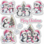 Funny Pinguins in Pink Frohe Weihnachten Aufkleber (Vorderseite)