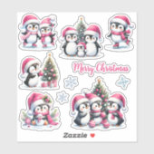 Funny Pinguins in Pink Frohe Weihnachten Aufkleber (Blatt)