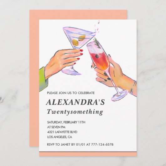 Funny Pink 29. Geburtstag Einladung Cocktail (Vorne/Hinten)
