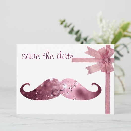 Funny Pink Bling Mustache Save The Date (Stehend Vorderseite)