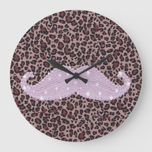Funny Pink Bling Mustache und Animal Print Muster Große Wanduhr (Vorderseite)