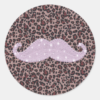 Funny Pink Bling Mustache und Animal Print Muster Runder Aufkleber