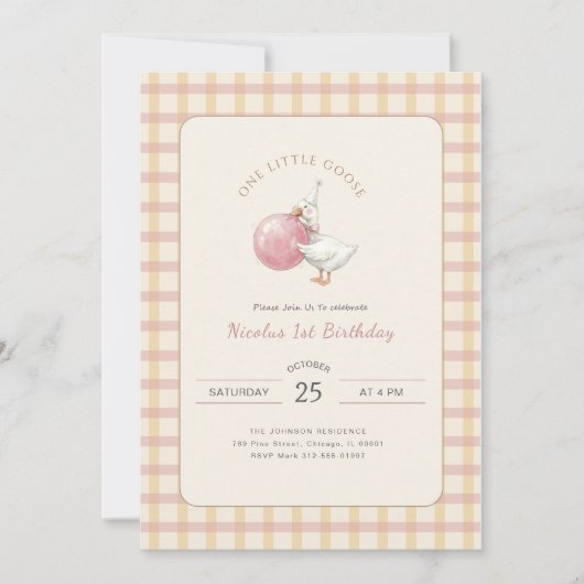 Funny Pink Bow One Little Goose 1st Birthday Party Einladung (Vorderseite)