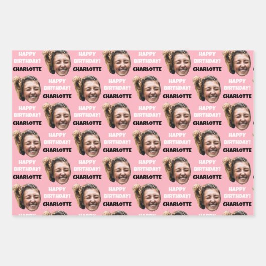 Funny Pink Custom Face Foto Happy Birthday Geschenkpapier Set (Vorderseite)