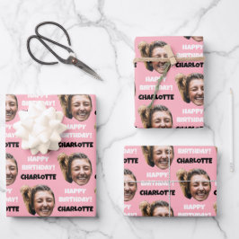 Funny Pink Custom Face Foto Happy Birthday Geschenkpapier Set