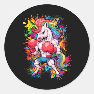 Funny Pink Einhorn mit Boxhandschuhen Runder Aufkleber