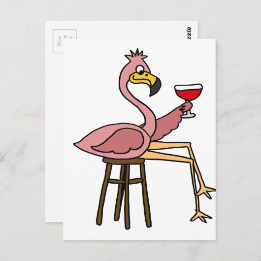 Funny Pink Flamingo Drink Roter Wein Postkarte (Vorne/Hinten)