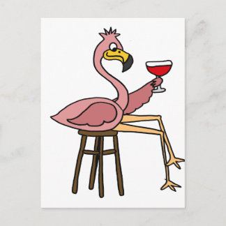 Funny Pink Flamingo Drink Roter Wein Postkarte