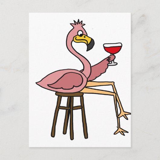 Funny Pink Flamingo Drink Roter Wein Postkarte (Vorderseite)