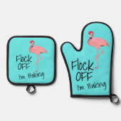 Funny Pink Flamingo Flock Off Ofenhandschuh & Topflappen-Set (Vorderseite)