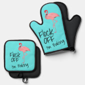 Funny Pink Flamingo Flock Off Ofenhandschuh & Topflappen-Set (Vorderseite/Rückseite)
