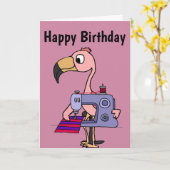Funny Pink Flamingo mit Nähmaschine Karte (Gelbe Blume)