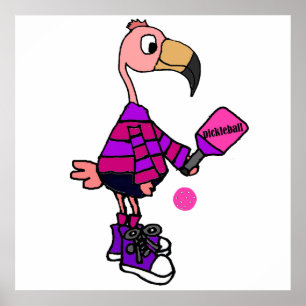 Funny Pink Flamingo Playing Pickleball Cartoon Poster