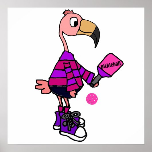 Funny Pink Flamingo Playing Pickleball Cartoon Poster (Vorne)