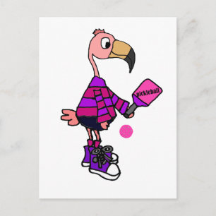 Funny Pink Flamingo Playing Pickleball Cartoon Postkarte