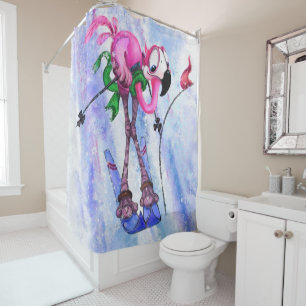 Funny Pink Flamingo Skier - Cartoon Zeichnend Comi Duschvorhang
