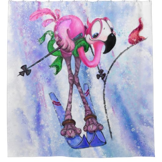 Funny Pink Flamingo Skier - Cartoon Zeichnend Comi Duschvorhang (Vorderseite)
