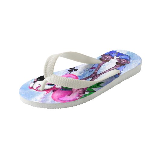 Funny Pink Flamingo Skier Kid's Flip Flops Kinderbadesandalen (Schrägansicht)