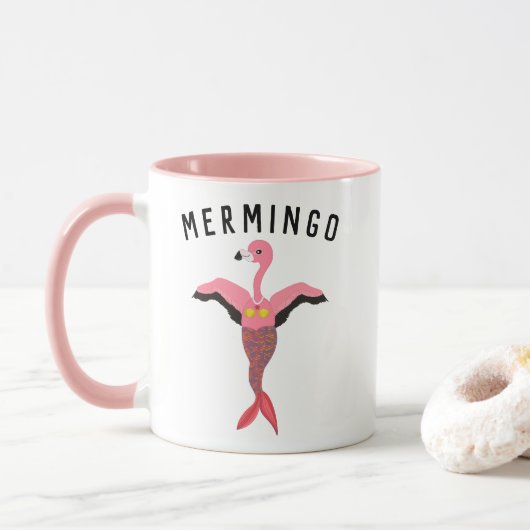 Funny Pink Magical Mermaid Flamingo Mermingo Tasse (Mit Donut)