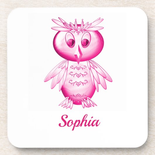 Funny Pink Owl Personalisierte Kinder Getränkeuntersetzer (Vorderseite)