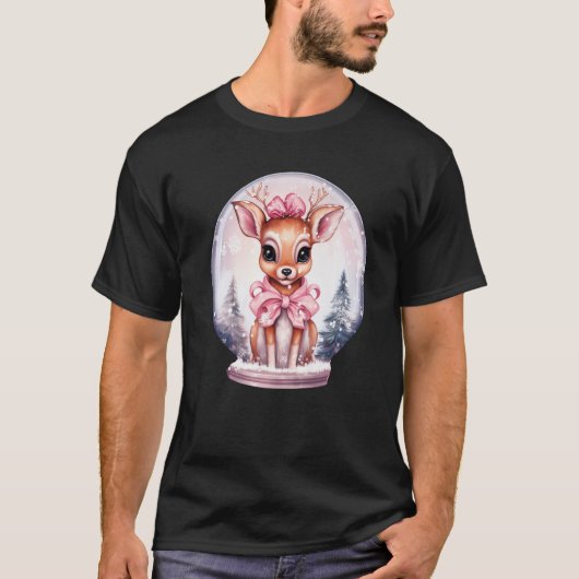 Funny Pink Retro Christmas Baby Reindeer in a Snow T-Shirt (Vorderseite)