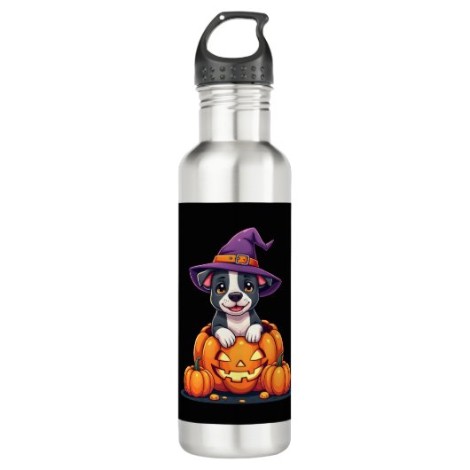 Funny Pitbull Witch Pumpkin Dog Halloween Mens Wom Edelstahlflasche (Vorderseite)