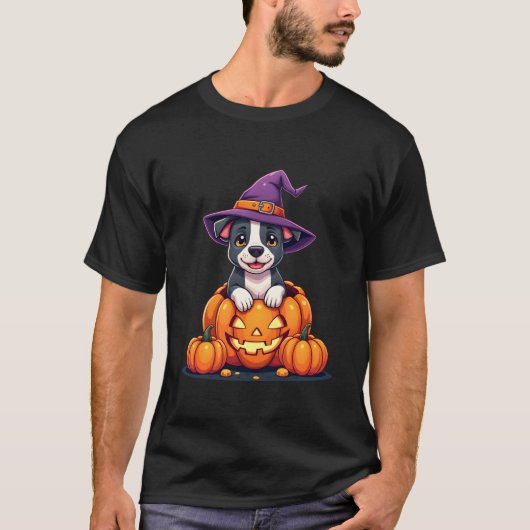 Funny Pitbull Witch Pumpkin Dog Halloween Mens Wom T-Shirt (Vorderseite)