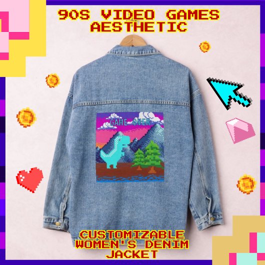 Funny Pixel Gamer Pixelated- Dinosaur Illustration Jeansjacke