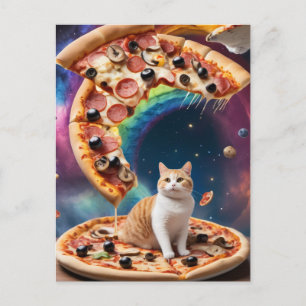 Funny Pizza Cat in Space Floating Pizzas Postkarte