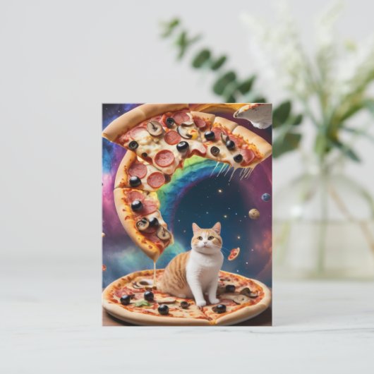 Funny Pizza Cat in Space Floating Pizzas Postkarte (Stehend Vorderseite)