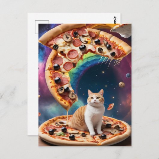 Funny Pizza Cat in Space Floating Pizzas Postkarte (Vorne/Hinten)