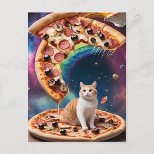 Funny Pizza Cat in Space Floating Pizzas Postkarte (Vorderseite)